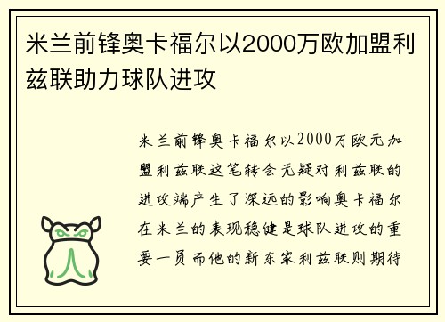 米兰前锋奥卡福尔以2000万欧加盟利兹联助力球队进攻