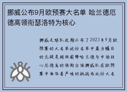 挪威公布9月欧预赛大名单 哈兰德厄德高领衔瑟洛特为核心